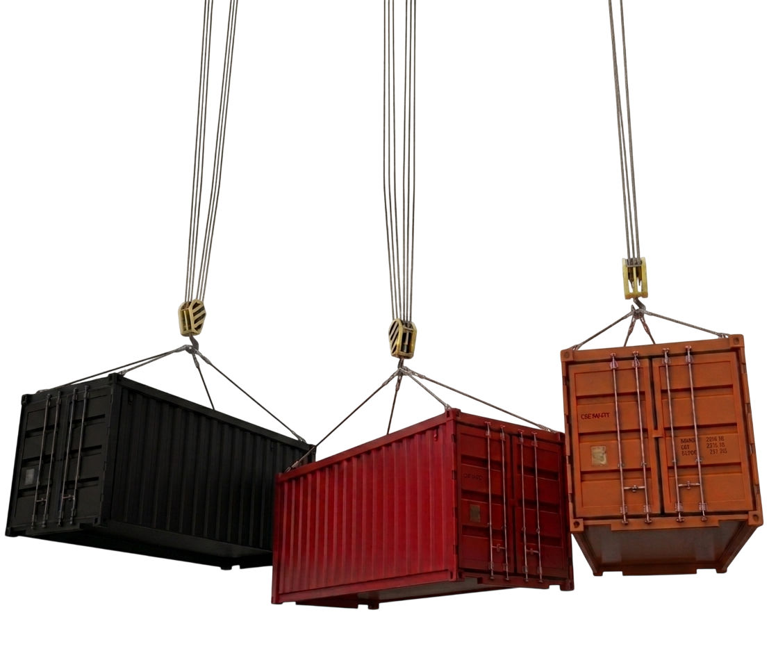 Three shipping containers — black, red and corten orange — suspended mid-air by separate crane hooks at staggered heights