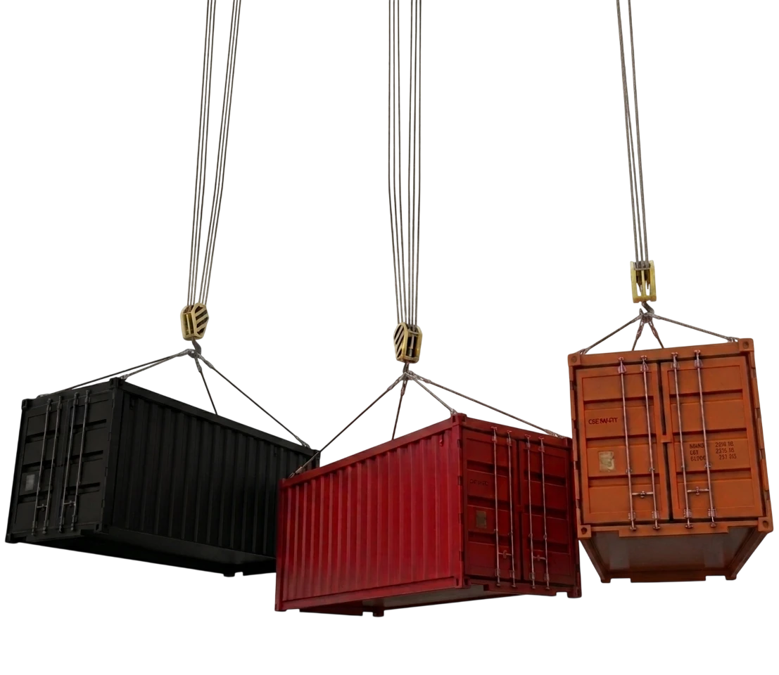 Three shipping containers — black, red and corten orange — suspended mid-air by separate crane hooks at staggered heights